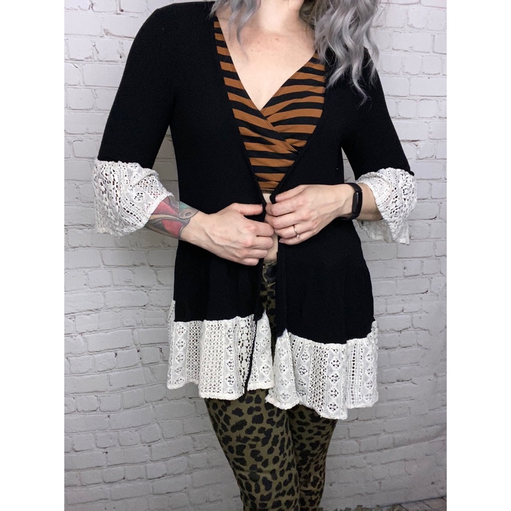 ENTRO Black Boho Lace Cardigan Kimono Duster Small